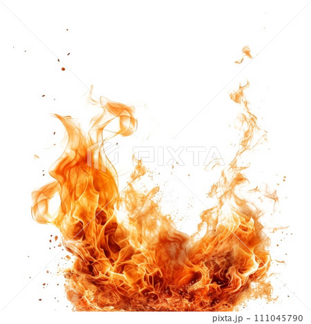 AI-generated content. Flame isolated on a white or transparent background. Fire spreads across the ground close-up. Concept of carelessness. A design element to be inserted into a design or project. 111045790