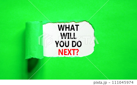 What will you do next symbol. Concept words What will you do next on beautiful white paper. Beautiful green paper background. Business, what will you do next concept. Copy space. What will you do next symbol. Concept words What will you do next on beautiful white paper. Beautiful green paper background. Business, what will you do next concept. Copy space. 111045974