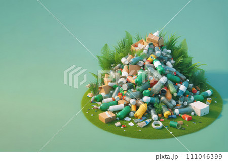 A pile of plastic trash on a green lawn. Place for text. 111046399