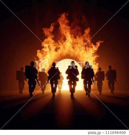Silhouettes of soldiers going to fire. 111046400