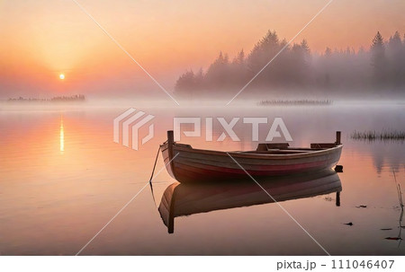 A lonely boat on the lake, against the backdrop of the setting sun. A lonely boat on the lake, against the backdrop of the setting sun. 111046407