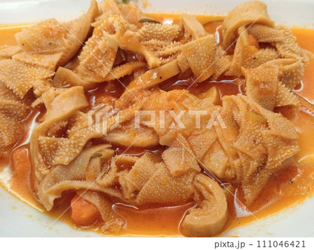 typical dish of Roman cuisine, the heart of Italy, tripe, which is offal used in gastronomy and obtained from different parts of the bovine's forestomach typical dish of Roman cuisine, the heart of Italy, tripe, which is offal used in gastronomy and obtained from different parts of the bovine's forestomach 111046421