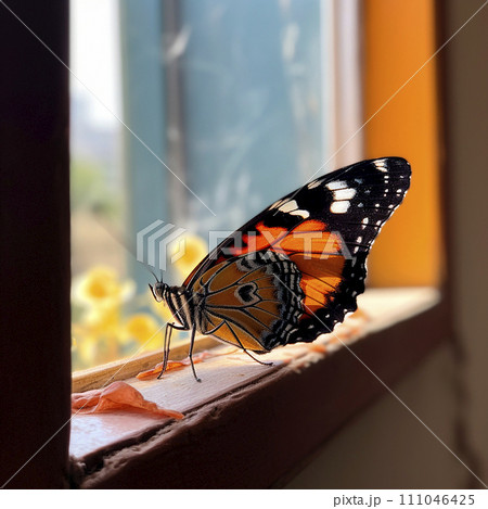 Beautiful butterfly sits on window behind the glass, wants to break free, nature is in house. 111046425