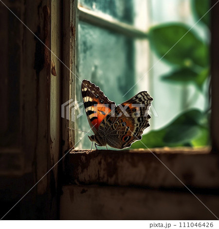 Beautiful butterfly sits on window behind the glass, wants to break free, nature is in house. 111046426
