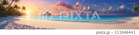 Tropical sunset: beach, palm trees and blue ocean 111046441