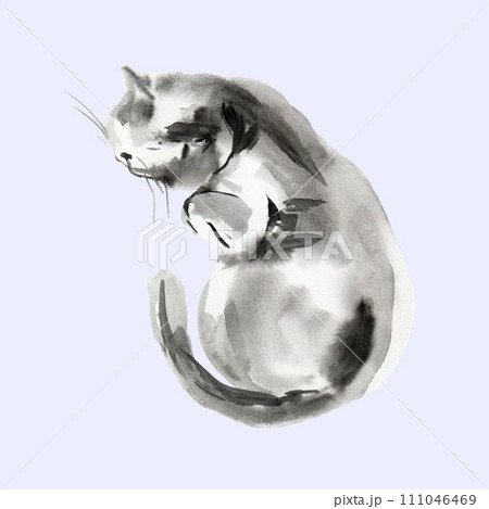 Abstract cat sketch, animal print stains, beautiful shapes, pastel color palette. Watercolor illustration of sleeping, lying pet 111046469