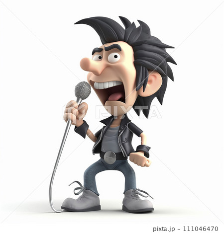 Cheerful rock singer, funny cute cartoon 3d illustration on white background, creative avatar Cheerful rock singer, funny cute cartoon 3d illustration on white background, creative avatar 111046470