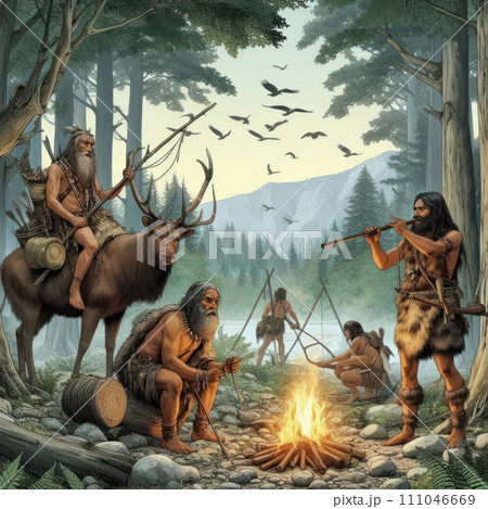 Primitive people gathered around a fire in the forest. Primitive people gathered around a fire in the forest. 111046669