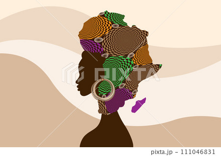 Concept of African woman, face profile silhouette with ethnic fabric turban in the shape of a map of Africa. Beauty Afro tribal logo design template Vector illustration isolated on wavy background 111046831