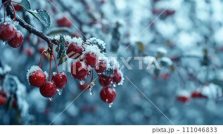 AI-generated content. Branch with red cherries under the snow on a blurred background. With copy space. 111046833