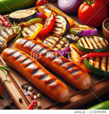 Grilled sausages and other vegetables. 111046986