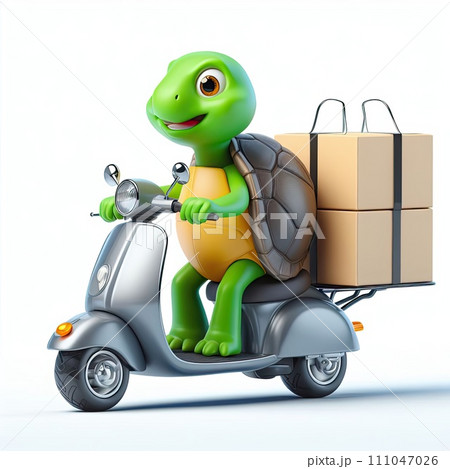 Fun delivery turtle on a scooter, on a white background. 111047026