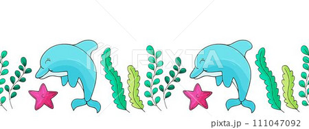 Marine seamless border. Children's fairy-tale drawing Marine seamless border. Children's fairy-tale drawing 111047092