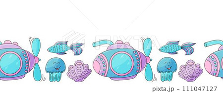 Marine seamless border. Children's fairy-tale drawing Marine seamless border. Children's fairy-tale drawing 111047127