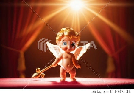 Illustration of greeting card of figurine of cute, funny baby cupid angel with gold curly hair on pastel colors background. Promotion, shopping template for love and valentines, mothers day concept. Illustration of greeting card of figurine of cute, funny baby cupid angel with gold curly hair on pastel colors background. Promotion, shopping template for love and valentines, mothers day concept. 111047331