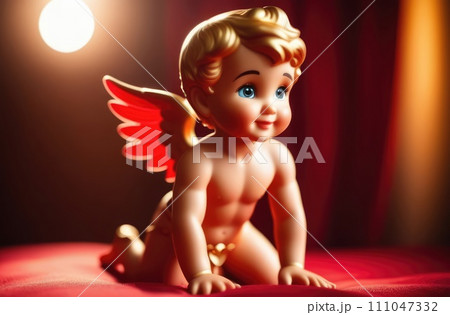 Illustration of greeting card of figurine of cute, funny baby cupid angel with gold curly hair on pastel colors background. Promotion, shopping template for love and valentines, mothers day concept. 111047332