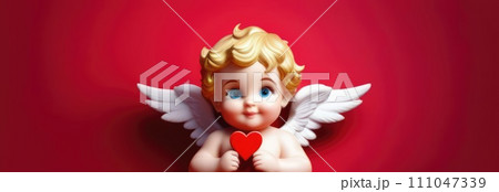 Illustration of greeting card of figurine of cute, funny baby cupid angel with gold curly hair on pastel colors background. Promotion, shopping template for love and valentines, mothers day concept. 111047339