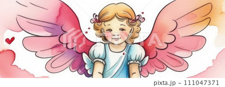 Illustration watercolour of greeting card white, cute, funny baby cupid angel with gold curly hair on pastels background. Promotion, shopping template for love and valentines, mothers day concept. Illustration watercolour of greeting card white, cute, funny baby cupid angel with gold curly hair on pastels background. Promotion, shopping template for love and valentines, mothers day concept. 111047371