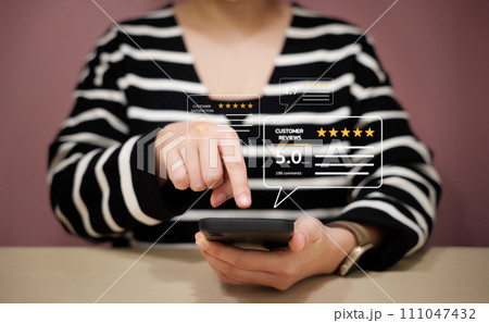 Customer satisfaction experience survey concept. Good review, Positive feedback, Best product and service, User give rating five star to excellent experience on phone application. Client satisfaction, Customer satisfaction experience survey concept. Good review, Positive feedback, Best product and service, User give rating five star to excellent experience on phone application. Client satisfaction, 111047432