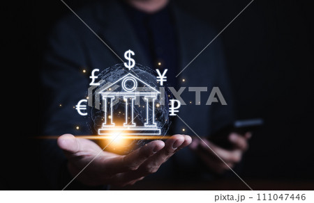 Central bank online, interbank payment, Global currency exchange concept. Businessman holding virtual world. dollar yuan yen euro ruble and pound sterling sign. world economy, business money transfer, 111047446
