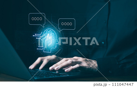 Chat with AI or Artificial Intelligence technology. Man using laptop computer chatting with an intelligent artificial intelligence and enter command prompt for generate some things help work. Chatbot, Chat with AI or Artificial Intelligence technology. Man using laptop computer chatting with an intelligent artificial intelligence and enter command prompt for generate some things help work. Chatbot, 111047447