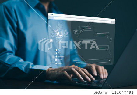 Chat with AI or Artificial Intelligence technology. Man using laptop computer chatting with an intelligent artificial intelligence and enter command prompt for generate some things help work. Chatbot, 111047491