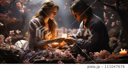 AI-generated content. Young couple on date sitting at table with candles and drinking champagne with romantic background 111047676