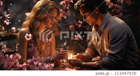 AI-generated content. Young couple on date sitting at table with candles and drinking champagne with romantic background 111047830