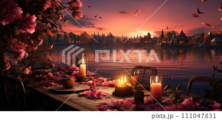 AI-generated content. Young couple on date sitting at table with candles and drinking champagne with romantic background 111047831