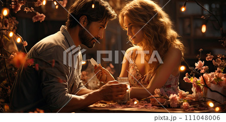 AI-generated content. Young couple on date sitting at table with candles and drinking champagne with romantic background 111048006