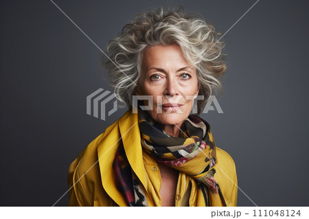 Portrait of a beautiful senior woman in a yellow scarf on a gray background. Portrait of a beautiful senior woman in a yellow scarf on a gray background. 111048124