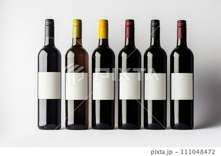 AI-generated content. Many bottles of red wine with the white labels on the white background, mock up, space for text or design 111048472