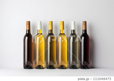 AI-generated content. Many bottles of wine without labels on the white background, mock up, space for text or design 111048473