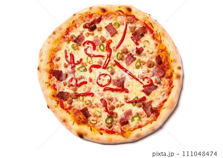 AI-generated content. Top view of cheesy pizza with ham, chilli peppers, bacon on white background 111048474