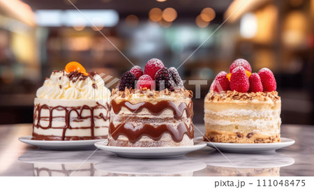 AI-generated content. Three different layered frosted cakes close up decorated with berries in a cafe or patisserie, blurred background 111048475