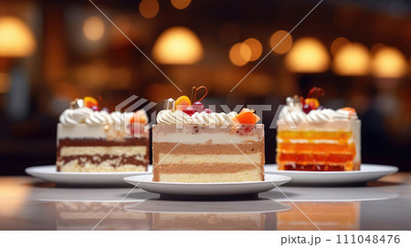AI-generated content. Three different layered frosted slices of cakes close up on the table in a cafe or patisserie, blurred background 111048476