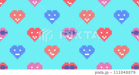 Seamless pattern with different colorful hearts emoticon in pixel art style, on blue, vector Seamless pattern with different colorful hearts emoticon in pixel art style, on blue, vector 111048879