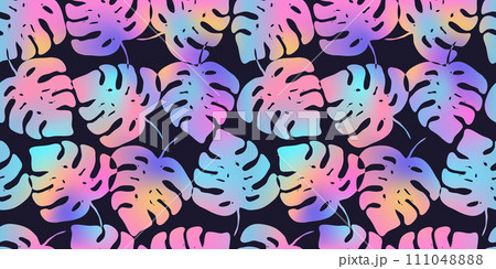 Purple and pink holographic seamless pattern with colorful tropical monstera leaves. Bright neon exotic plants texture for textile, wrapping paper, surface, wallpaper, background Purple and pink holographic seamless pattern with colorful tropical monstera leaves. Bright neon exotic plants texture for textile, wrapping paper, surface, wallpaper, background 111048888