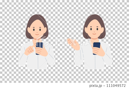 Set of businessperson women looking at smartphones and posing as guidance [people vector illustration material] 111049572