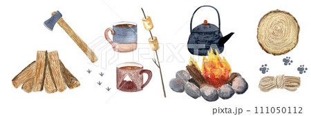 Watercolor marshmallow bonfire wood border isolated on white 111050112