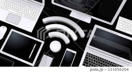 コンピュータデバイスとWi-Fiアイコン、パソコンのネット環境イメージ 111050204
