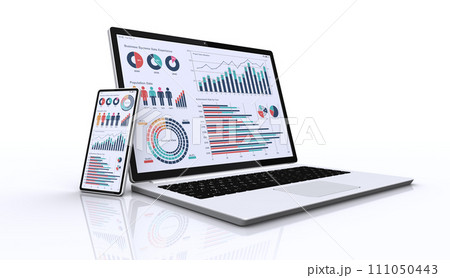 ビジネスデータを表示したパソコンとスマートフォン、レスポンシブデザイン 111050443