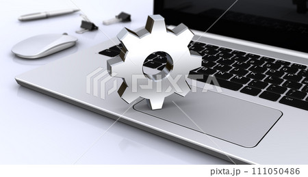 歯車アイコンとノートパソコン、パソコン環境の設定イメージ 111050486
