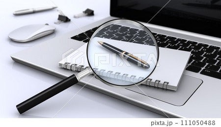 ノートパソコンと虫メガネ、PCデータの検索イメージ 111050488