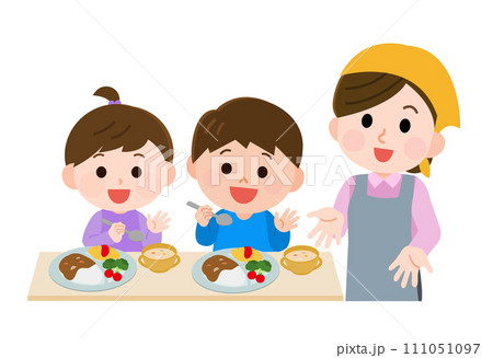 食事をする子供と提供する女性　イラスト 111051097