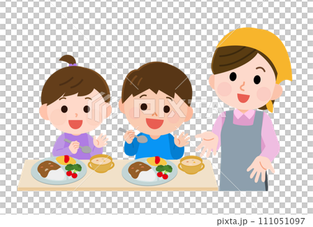 食事をする子供と提供する女性　イラスト 111051097