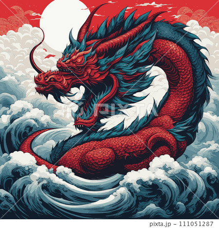 Chinese dragon year with wave and clouds illustration 111051287