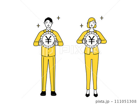 為替差益や円高のイメージ、スーツ姿の男性と女性のシンプルな線画イラスト 為替差益や円高のイメージ、スーツ姿の男性と女性のシンプルな線画イラスト 111051308