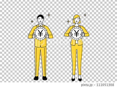 為替差益や円高のイメージ、スーツ姿の男性と女性のシンプルな線画イラスト 為替差益や円高のイメージ、スーツ姿の男性と女性のシンプルな線画イラスト 111051308
