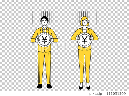 An image of foreign exchange losses and a weak yen, a simple line drawing illustration of a man and a woman in suits An image of foreign exchange losses and a weak yen, a simple line drawing illustration of a man and a woman in suits 111051309